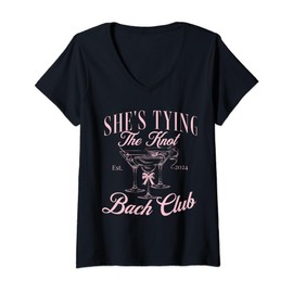 Womens She's tying the knot Bachelorette Coquette Bow Bridal shower V-Neck T-Shirt