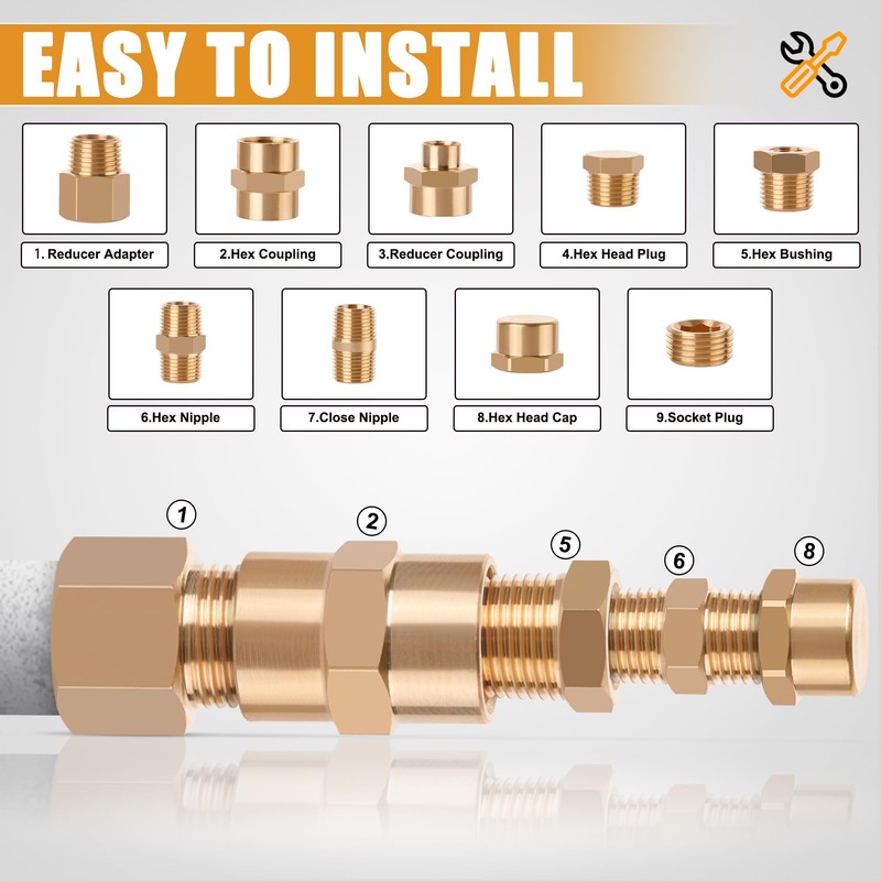 106PCS Brass Pipe Fittings Assortment Kit NPT Extension Adapter,Reducer Bushing,Hex