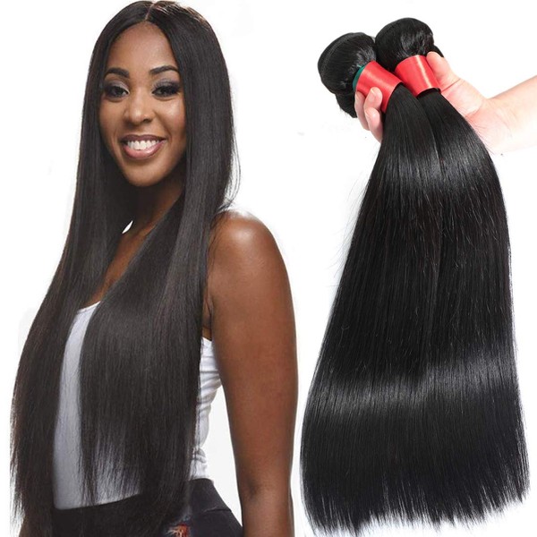 AUTTO Brazilian Virgin Hair Straight Human Hair 3 Bundles Weaves 100% Unprocessed Straight Human Hair 3 Bundles 20 22 24inch Extensions Weaves Natural Black Color