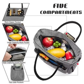 Lunch Bag for Women, Insulated Lunch Box for Work, Large Leakproof Cooler Purse with Side Pockets & Removable Shoulder Strap Women's Lunch Tote Bag for Picnic Work Beach Cute Lunch Bags (Stripe)