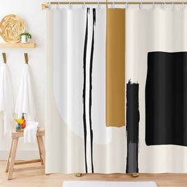 Umpoo Abstract Geometric Shower Curtain Watercolor Black and Tan Stripes Pattern Design for Modern Minimalist Bathroom Decor Accessories Shower Curtain Set with 12 Hooks, 72x84 Inches