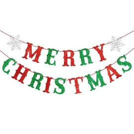 Red Green Glitter Merry Christmas Banner Snowflake Bunting Banner Glittery Christmas Decorations Winter Holiday Fireplace Mantle Decor Party Supplies Photo Props