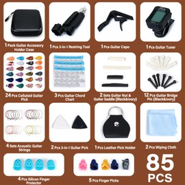 LOMEVE 85PCS Guitar Accessories Kit Holder Case Include Acoustic Strings, Tuner, Capo, 3-in-1 Restring Tool, Picks, Pick Holder, Bridge Pins, Nuts & Saddles, Finger Protector, Chord Chart