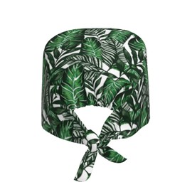 Tropical Palm Leaves Plants Hawaiian Summer Working Cap Scrub Cap with Sweatband Adjustable Unisex Women Tie Back Hat Nurse Surgical Caps