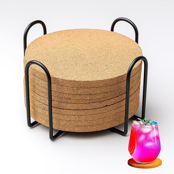 Elegante Untersetzer aus Kork, 12-teiliges Set, Metallständer, runde Untersetzer für