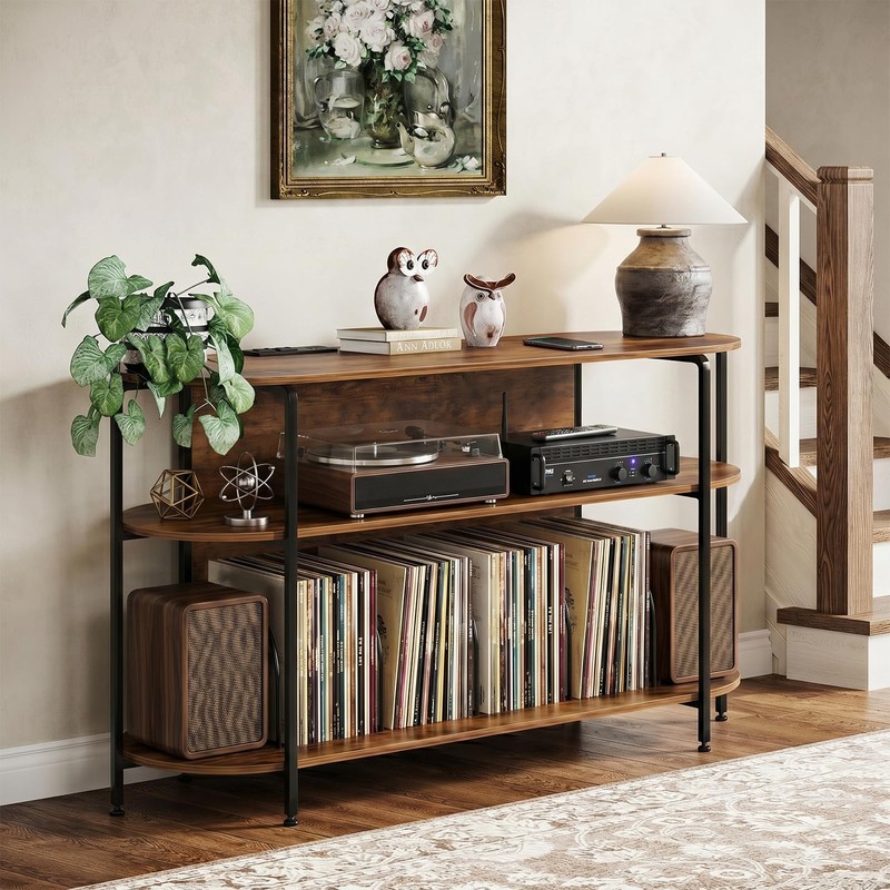 Faesun Vinyl Record Player Stand with Power Outlets, 43.3" Mid