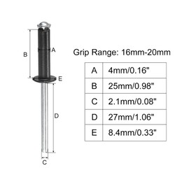 sourcing map Aluminum Blind Rivets, 4mm x 25mm 27mm Mandrel Open End Rivet Flat Round Head for Joining Metal Plate, Black 100 Pcs