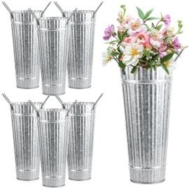 Galvanized Metal Vases for Flowers - 6 Pcs Farmhouse Tall Flower Bucket with Handles Rustic French Tin Planter Buckets for Centerpieces Floral Display Wedding Decor Balcony Garden Courtyard