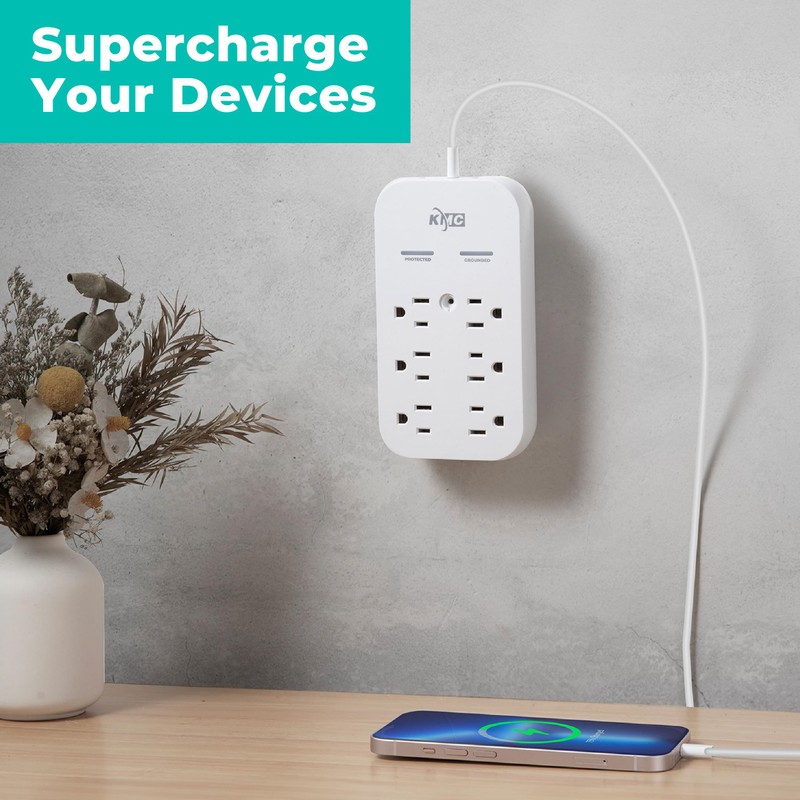 KMC 6-Outlet Extender USB-C PD Surge Protector Wall Tap, Multi-Plug
