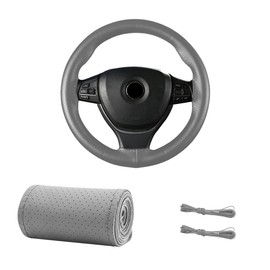 BWBWND Genuine Leather Steering Wheel Cover, 15 Inch Breathable DIY Sewing Wheel Protector with Needle Thread, Stitch on Wrap Wheel Cover with Anti-Slip Design (Gray, Full Hole)