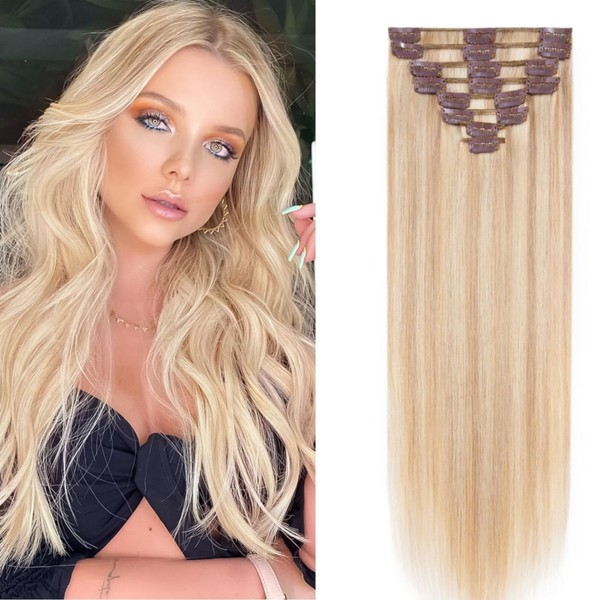 Benehair Clip-In Real Hair Extensions, 8 Pieces, 100% Real Hair, 75 g, Camel Mixed Light Gold Hair Extensions, Real Hair Clip for Women, 18 Clips per Set, 55 cm, #18P613
