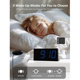 Mesqool Extra Loud Alarm Clock with Vibration for Bedroom, Bed Shaker Alarm Clock for Deep Sleeper Hard of Hearing Deaf, 7" Clear LED Display