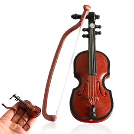 Miniature Violin Wooden, Tiny Violin Instrument Model with Bow Mini Worlds Smallest Violin Toy Smooth and Bright Surface for Decorating Dollhouse Houses Offices Festival Birthday Gift