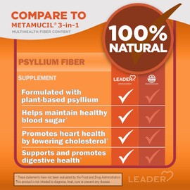 Leader Daily Psyllium Husk Powder Supplement, 3-in-1 Fiber for Health, Plant Based, 100% Natural 100 Capsules
