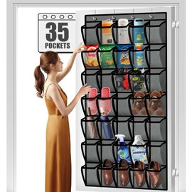 Aheroi Over the Door Shoe Organizer, 35 Pockets Mesh Shoe Organizer Door Hanger, Large Hanging Shoe Rack Holds Up to 40 lbs, Closet Shoe Behind Door Shoe Rack, Gray Durable Shoe Storage Hanging Bag