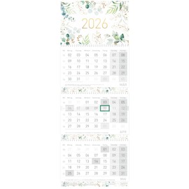 Häfft® 3-Month Calendar 2026 Wall Calendar with Slider, Holidays DE & AT, Year Overview, Office Calendar Wall Planner "Gold Leaf" - Sustainable and Climate Friendly