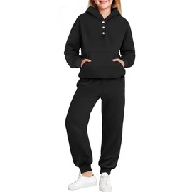 Arshiner Girls 2 Piece Outfits Fall Tracksuit Drop Shoulder Button Down Hoodie and Sweatpants Kids Jogging Set Black 6-7Y