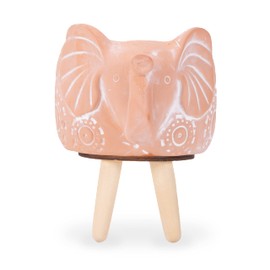 Napco Circles Elephant 7.25 Inch Tall Natural and White Ceramic Planter with Wood Legs