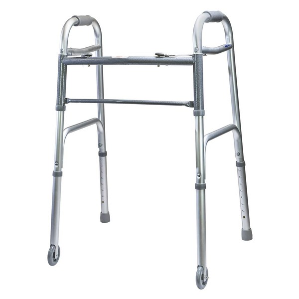 MediChoice Dual-Release Two Button/Folding Walker, Height Adjustable with 3 Inch Wheels, Aluminum, 300 lb. Capacity (1 Each)