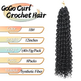 8 Packs GoGo Curl Crochet Hair 12 Inch Short Curly Crochet Hair for Women Beach Curl Water Wave Deep Twist Crochet Braids Synthetic Braiding Hair Extensions (1B, 12 Inch(pack of 8))