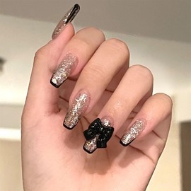 Nail Tip, False Nails, Stylish, Black, 24 Pieces, Long Nail Tip, Glitter, Stylish, Mine-based, Korea, Mass Produced Type, Popular Nail Tip, Fake Nails, Handmade, Nail Art, DIY Nails, Unique, Adult