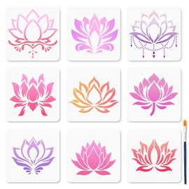 MAYJOYDIY 9 Styles Lotus Flower Stencils Water Lily Stencil 7.8x7.8inch Lotus Stencil for Painting with Paint Brush Nature Plant Templates for Craft on Window Wood Wall Home Decor