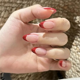 MERVF Medium Press on Nails Almond Fake Nails Red French Tip Acrylic Classic Stiletto Glue ons with Design False Nail 24pcs Glossy