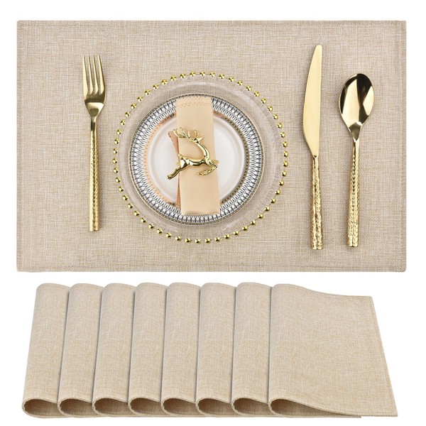 SLKQG Beige Cloth Placemats Set of 8 - Double Thickened Easy to Clean Linen Style Fabric Placemats - Machine Washable Placemats - Heat Resistant Non-Slip Table Mats (Beige, 8)