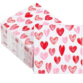 Affrolling 100 Pcs Valentine's Day Paper Napkins 5 x 5 Pink Red Watercolor Heart Cocktail Napkins 3 Ply Disposable Love Heart Dinner Hand Towels for Romantic Wedding Anniversary Party Supplies