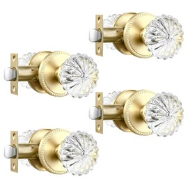 Heittis 4 Pack Passage Glass Door Knobs,Passage Function Interior Door Handles,Round Interior Crystal Door Knobs for Hall Closet, Satin Brass Finish