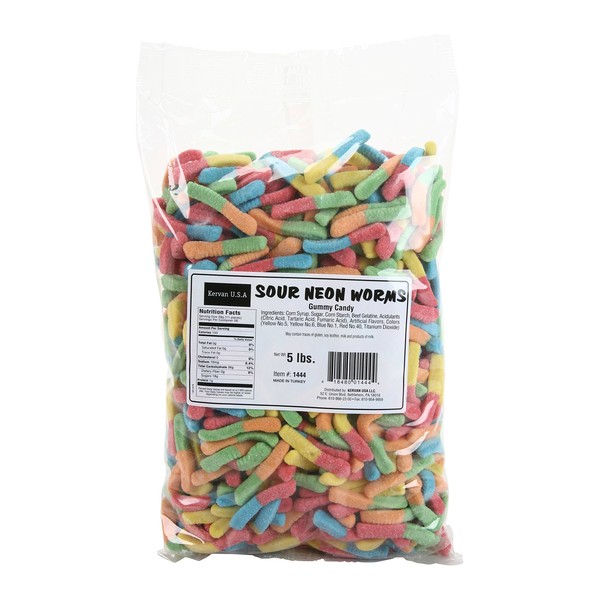 Kervan Gummy Candy, Sour Neon Worms, 5 Pound
