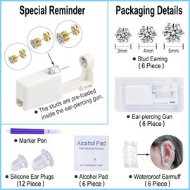 VitaCool Ear Piercing Kit Disposable Ear Cartilage Piercing Gun Kit with Sterile Multi-Sized CZ Studs Easy and Safe Earring Self for Yourself Use at Home (Style A-CZ-3/4/5mm-)
