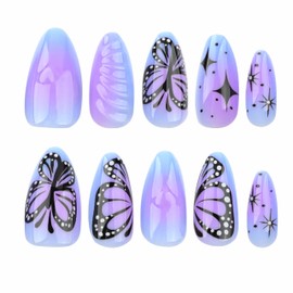 BABALAL Press on Nails Almond Medium Fake Nails Purple Ombre Glue on Nails Butterfly Design Acrylic Nails 3d Texture Handmade False Nails Manicure Gel Stick on Nails 24Pcs Artificial Nails