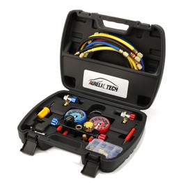 AURELIO TECH UPGRATED Version 4 Way A/C Manifold Gauge Set Fits R134A R410A R404A R22 Refrigerants with 5FT Hose, 3 Acme Tank Adapters, Adjustable Couplers and Can Tap