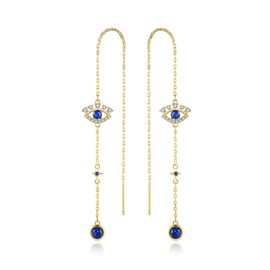 Gold Plated Evil Eyes with Blue AAAAA Cubic Zirconia Long Chain Threader Earrings Fashion Jewelry for Women (Gold Plated)