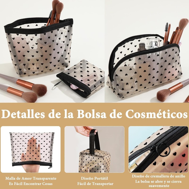 Set 5 Bolsas de Malla Transparente con Estampado Corazón, Neceser
