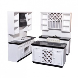 Dolls House Luxury Kitchen Set, 1:12 Scale, Black and White, Double Sink Unit, Oven and Hob Unit, Free-Standing Island | Minimum World