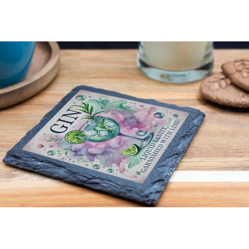 Slate Coaster with Gin Design - "'iquid Sanity Garnished with