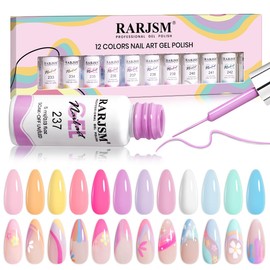RARJSM Gel Liner Nail Art 12 Colors Set Pink Purple White Green Yellow Blue Gel Art Liners for Nails 5ml Summer Shades Striping Gel Nail Polish Thin Swirl Nail Art Brush Soak off Curing Need