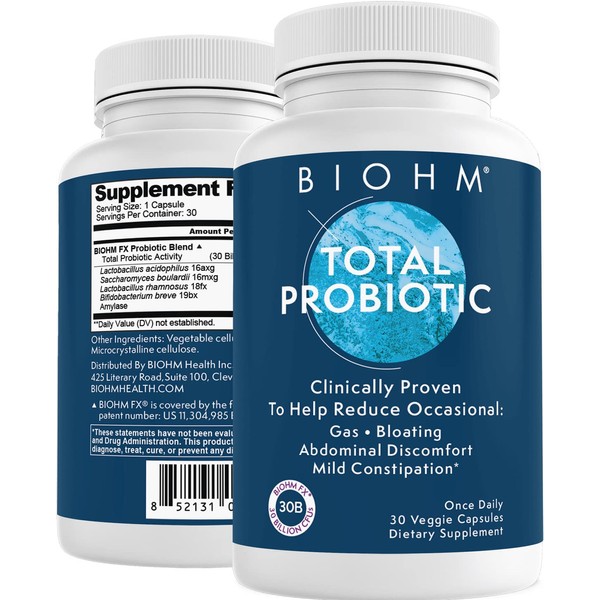 BIOHM Total Probiotic - 30 Billion CFU Daily Probiotic with Good Bacteria & Fungi Helps Reduce Bloating and Supports Total Gut Health - 30 Day Supply for Women and Men