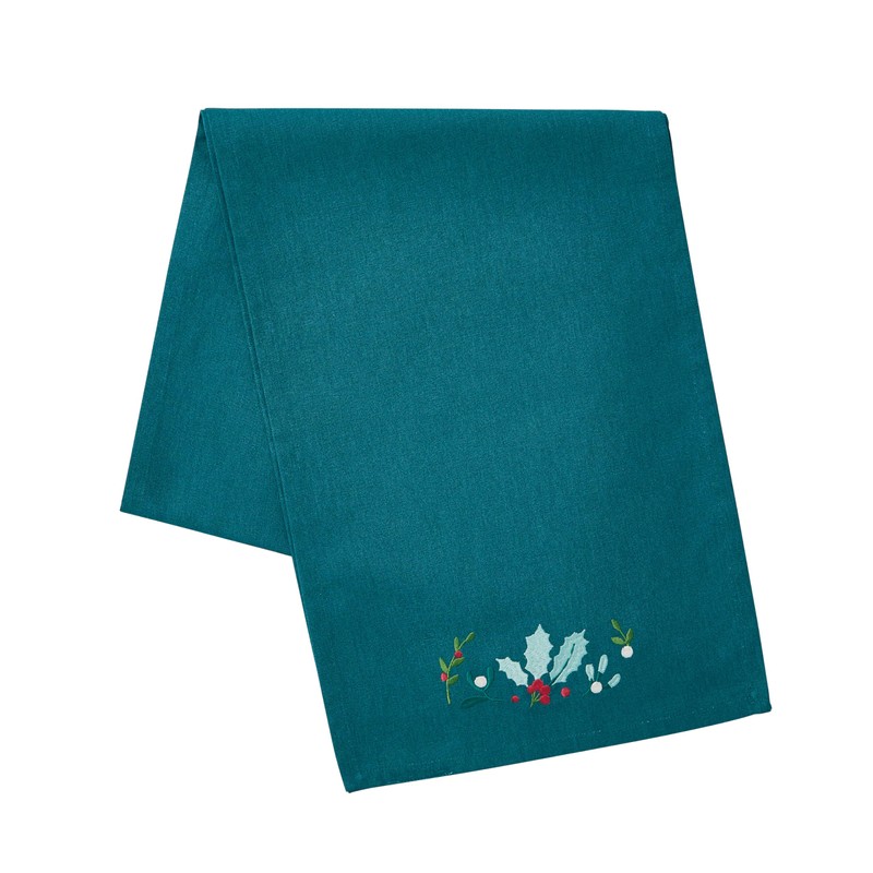 Catherine Lansfield Christmas Holly and Mistletoe Embroidered Cotton 32x220 cm