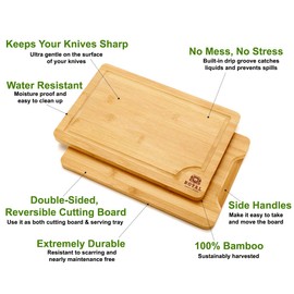 Wood Cutting Board Set - Bamboo Cutting Board with Juice Groove - Kitchen Chopping Board for Meat (Butcher Block) Cheese and Vegetables | Heavy Duty Serving Tray w/Handles (5-Pieces)