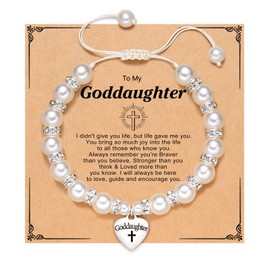 OIDEA Girls Braided Bracelet with Pearls: Adjustable Christening Gift Pearl Bracelet with Goddaughter Cross Prints Heart Pendant Religious Christening Birthday Gift for Girls