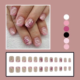 24Pcs French Tip Press on Nails Short Square Fake Nails Flower Full Cover Glue on Nails Glitter French Nails Tip Design Spring Summer Acrylic Nails Cute False Nails 3D Artificial Nails for Women Girls