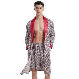 Haseil Men's Luxurious Kimono Robe with Pajama Shorts Set Long Sleeve Silk Bathrobe Soft Satin Robe Lightweight House Sleepwear, Red, Tagsize4XL=USsizeXL