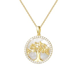 AGVANA Tree of Life Necklace for Women,925 Sterling Silver Mother of Pearl Stunning Cubic Zirconia Necklace with Tree Pendant Fine Jewellery for Women Girls with Gift Box,16"+2" Extender