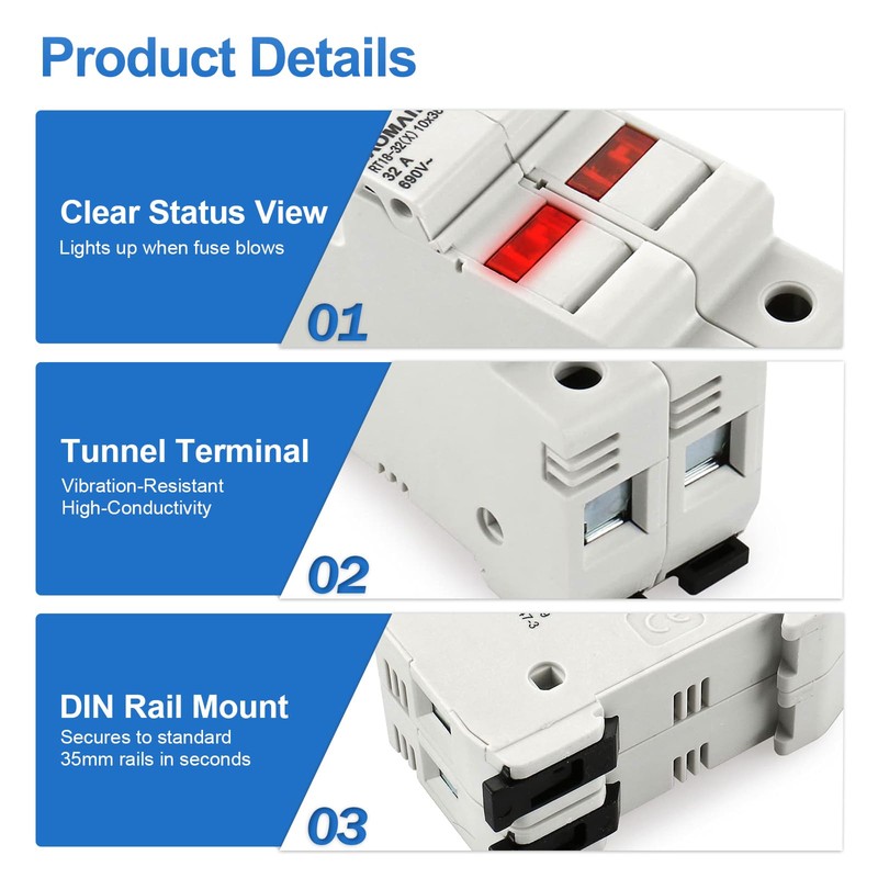 BAOMAIN 2 Pole DIN Rail Fuse Holder, 32A 690V AC