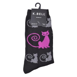 K. Bell Womens Cotton Blend Novelty Crew Socks, 9-11, Curly Cats