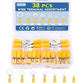 Hanibos Pack of 38 Ring Terminals 12-10 AWG Yellow Cable Lugs Crimp Connector 7 Sizes Cable Lugs Round 4-6 mm² Ring Cable Lugs Hole Diameter M3 M4 M5 M6 M8 M10 M12