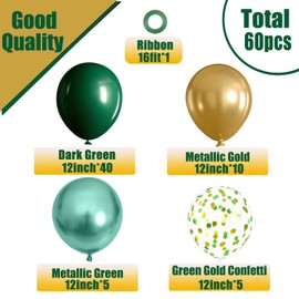 Green and Gold Balloons,60 Packs 12 Inch Metallic Green Gold Balloons,dark green Latex Balloons and confetti balloons for Birthday,Graduation,Christmas, Jungle Sarfari Party Decorations